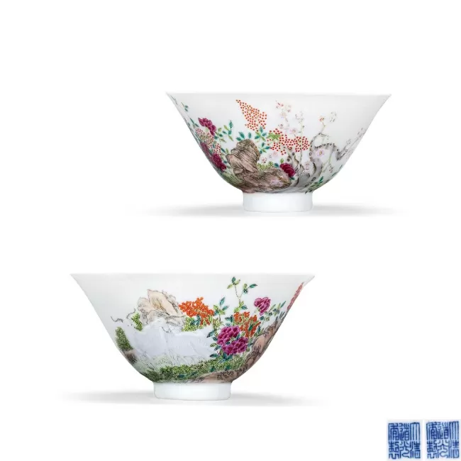 粉彩三羊开泰斗笠碗 （一对）