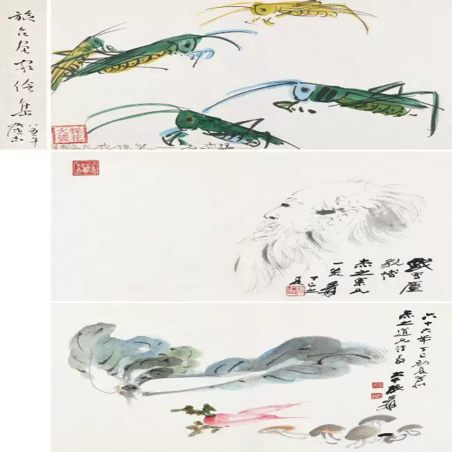 张大千 丁雄泉 1977年作 戏写尘貌 （三帧） 镜心