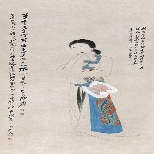 张大千 1942年作 唐装纨扇仕女 立轴