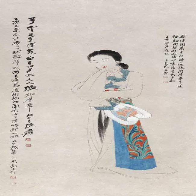 张大千 1942年作 唐装纨扇仕女 立轴