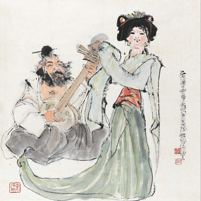 程十发 1985年作 唐人歌舞图 立轴