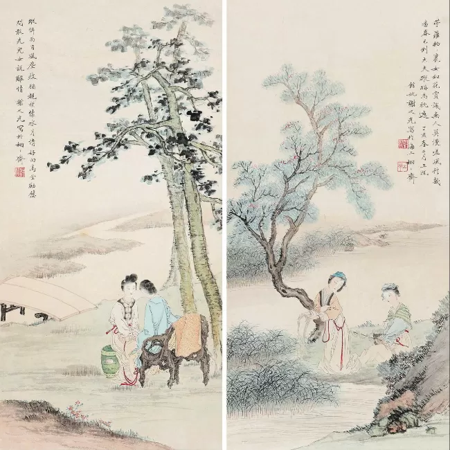 谢之光 1947年作 仕女 镜心 对屏