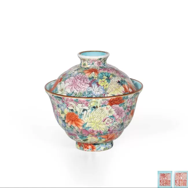 洋彩百花不落地盖碗