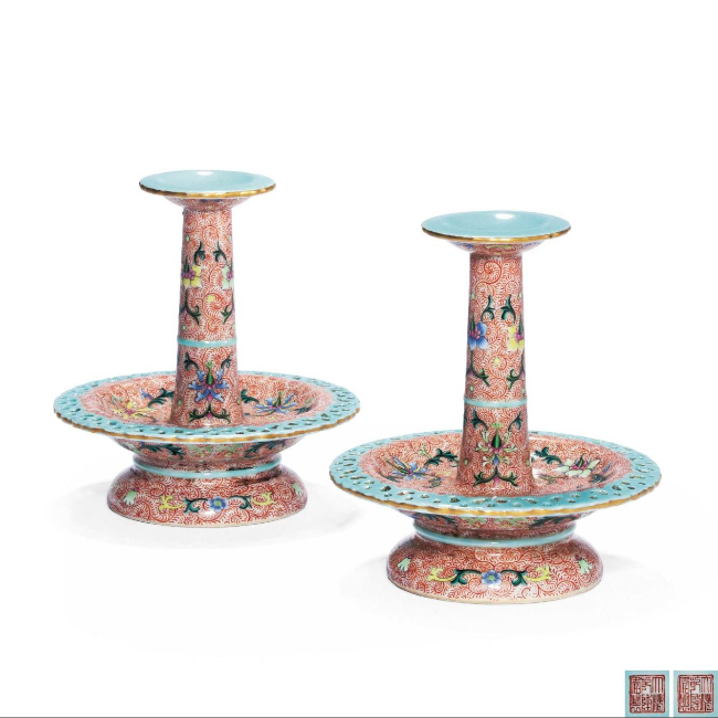 洋彩镂空番莲纹书灯 （一对）