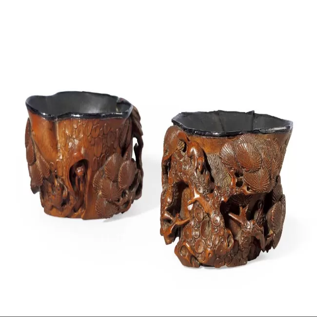 御制竹雕松形鼠纹杯 （一对）