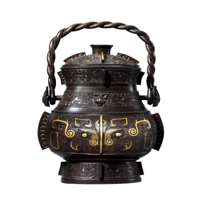 铜错金兽面纹提梁卣