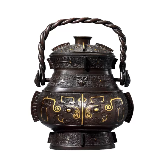 铜错金兽面纹提梁卣