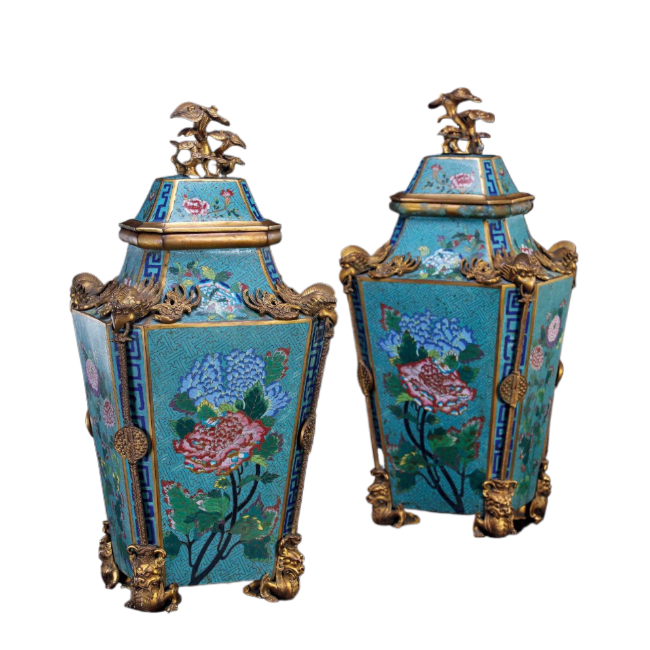 掐丝珐琅花卉纹方盖瓶 （一对）