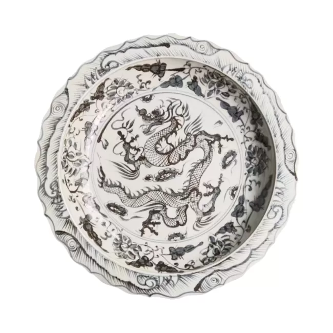 元青花缠枝莲龙纹花口盘