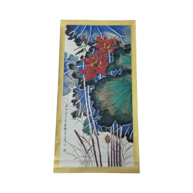 张大千《庚辰年金线泼彩红荷图》